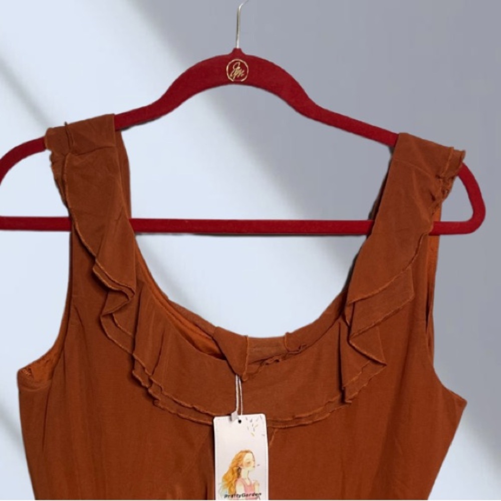 Brown Asymmetrical Ruffled Sleeveless Blouse - Picture 4 of 5